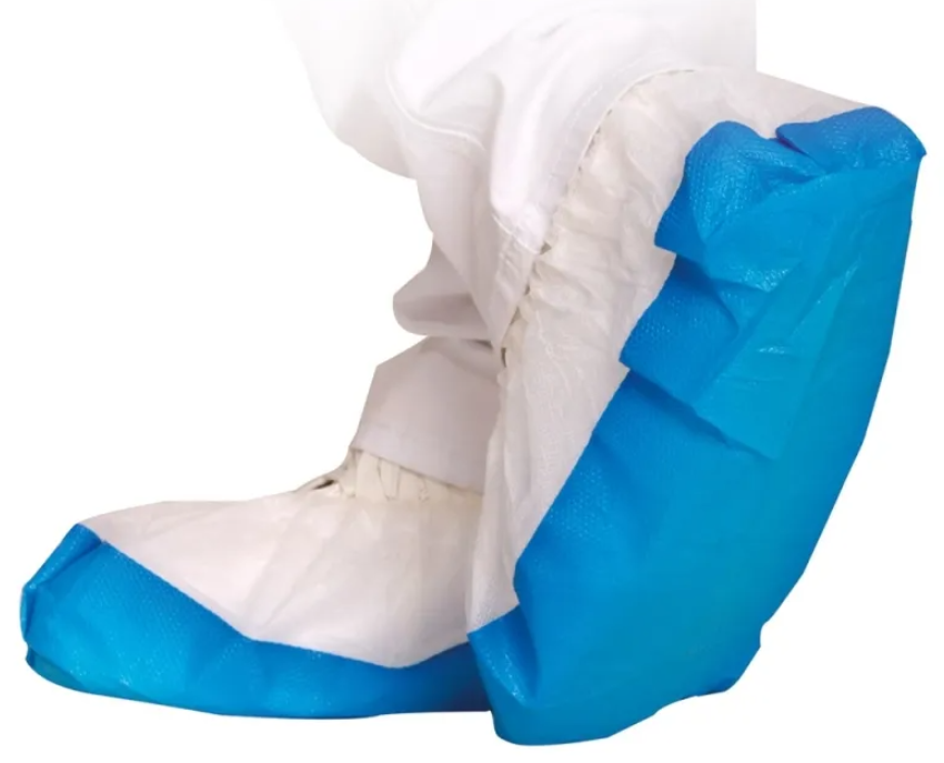Überschuhe aus PP mit CPE-Sohle von Hygostar, 41 cm Länge, weiss/blau, Karton à 500 Stk.