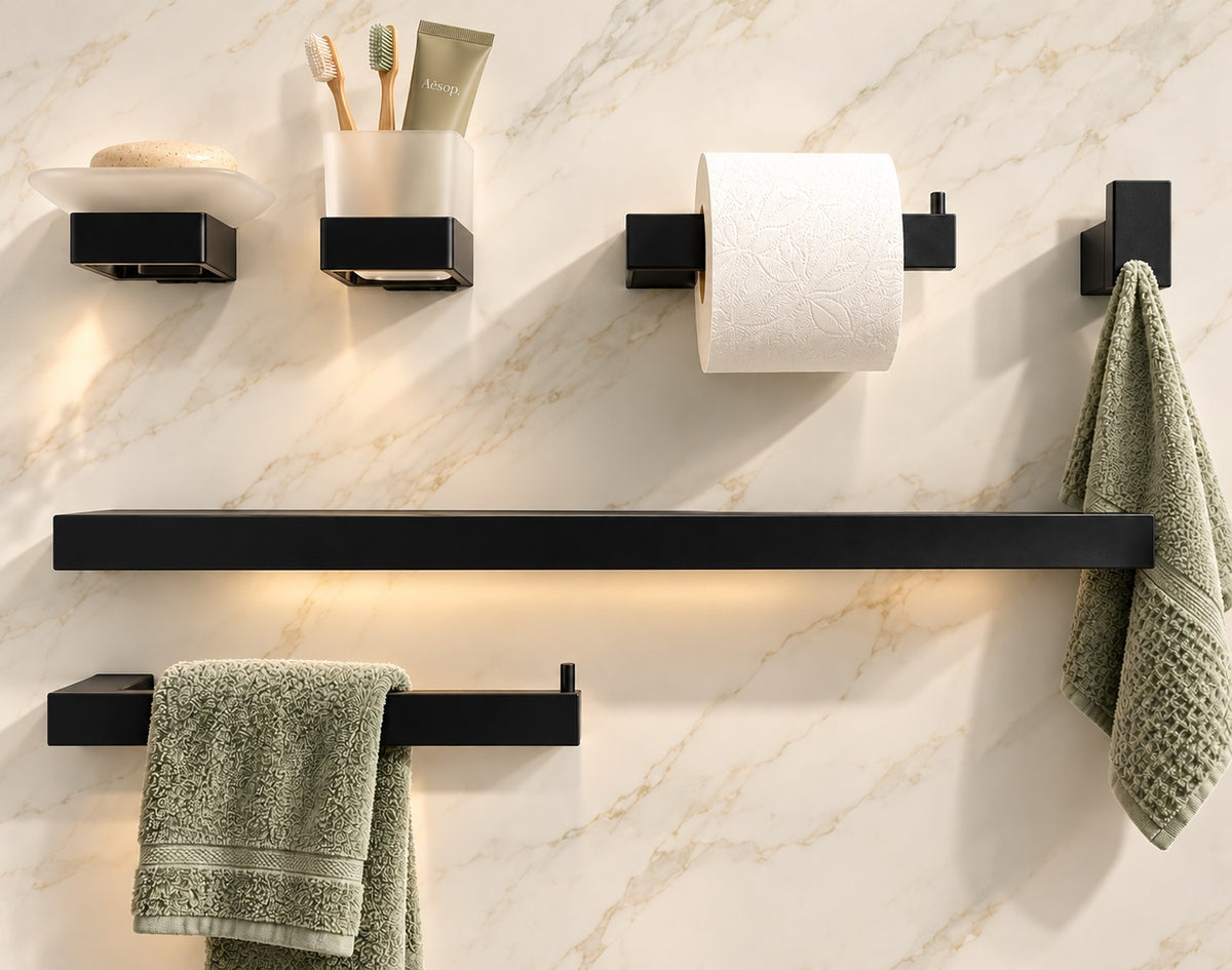 Badezimmer-Set 6-teilig Alu, schwarz matt